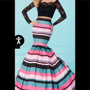 Tiffany Designs prom two piece dress striped skirt black lace top mermaid size 6